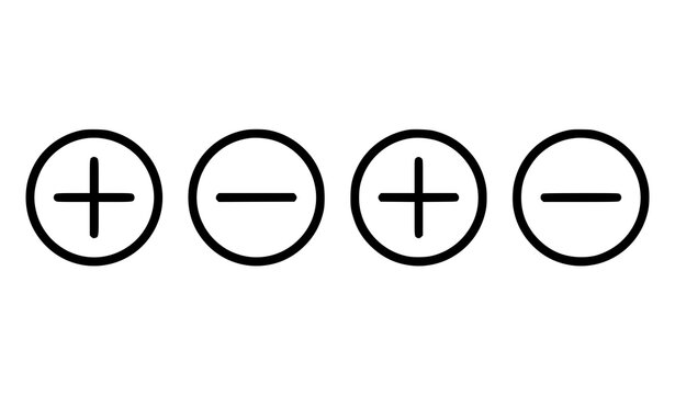 A set of four circle icons with plus and minus signs in black and white