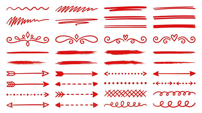 Red Graphic Elements: A collection of hand-drawn red graphic design elements, including squiggly lines, arrows, dividers, and decorative borders.