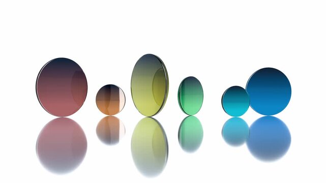 Colored transparent glass disks arrangement reflection animation