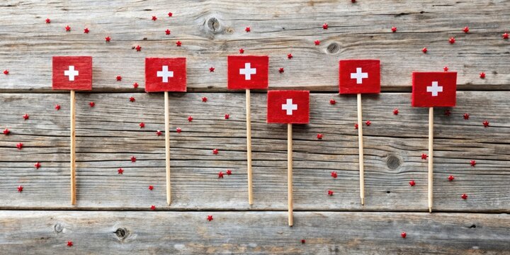 Small swiss flag markers standing in a row on a rustic wooden surface with scattered red stars
