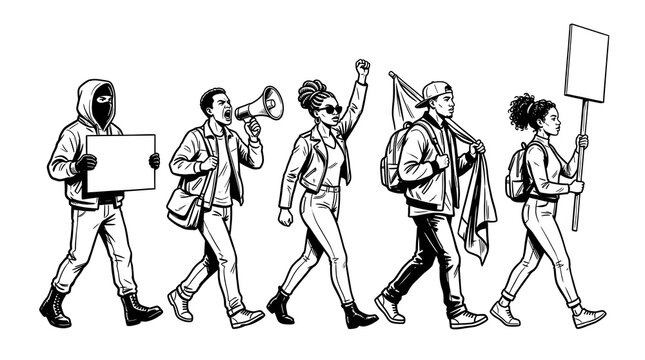 Protest March: A group of diverse individuals walks in a procession, some holding signs and one speaking into a megaphone, symbolizing collective action and social change.