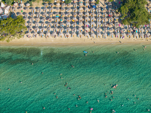 Crowded Sandy Shore of Paralia Pachi Beach, Thasos, Greece