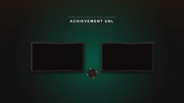 Retro Pixel Art Gaming Achievement Unlocked Outro Template with Thanks for Playing Text and Double Video Placeholders on Dark Teal Background