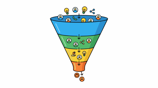 Colorful diagram illustrating a multi-stage funnel with icons