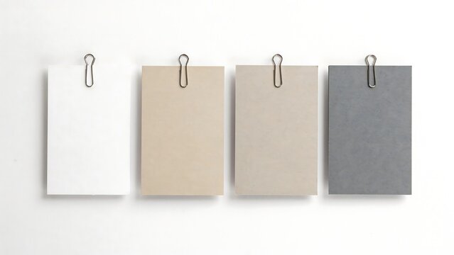 Four blank cards with paper clips on a white background for note taking and reminders  cards are white beige and gray
