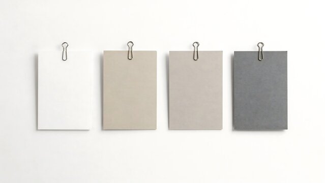 Four colored paper sheets with metal paper clips on white background  blank cards for notes or messages