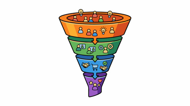 Cartoon funnel illustrates sales or business process stages