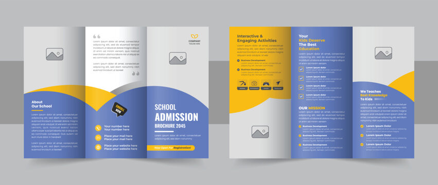 Kids back to school education admission trifold brochure, clean school admission trifold brochure design template and educational vector