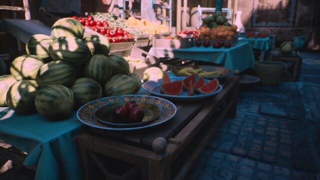 Ceramic plate with melons, Souq Waqif showing ornate bowl of sliced watermelon and pomegranate on teal cloth, hand painted ceramics and textured rind create