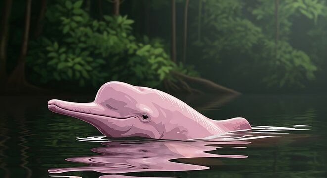 Pink Amazon River Dolphin Surfacing in Tropical Rainforest
