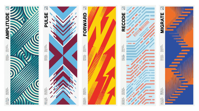 Abstract geometric banner set with 5 vertical posters, modern graphic patterns for amplitude pulse forward recode migrate, colorful vector backgrounds