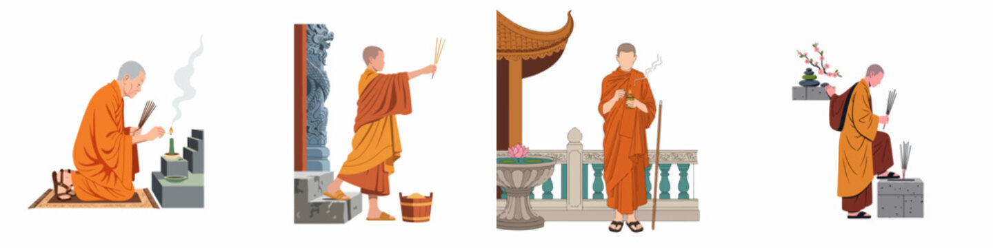 Set of Buddhist Monks in Orange Robes Performing Traditional Rituals and Praying with Incense in Various Temple Settings
