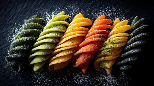 Multicolor fusilli pasta spirals arranged in a neat row and sprinkled with grated parmesan cheese and fine green herbs on a dark textured slate stone surface