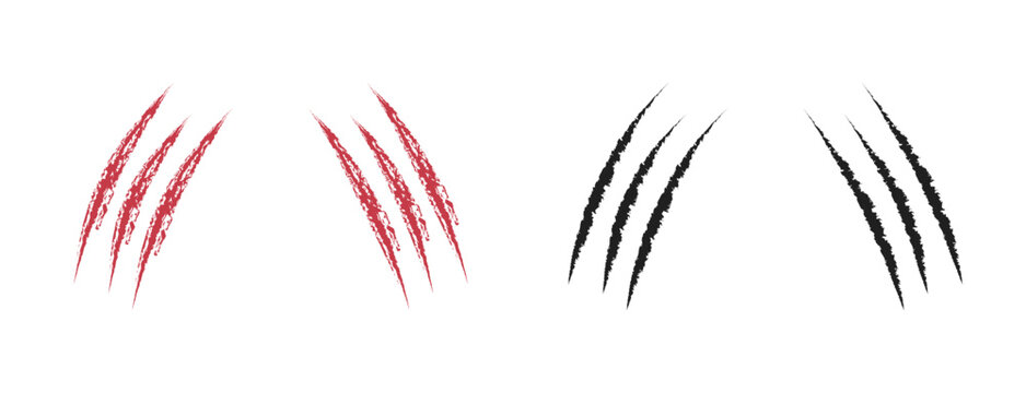 : Red and Black Animal Claw Scratch Marks Vector Set