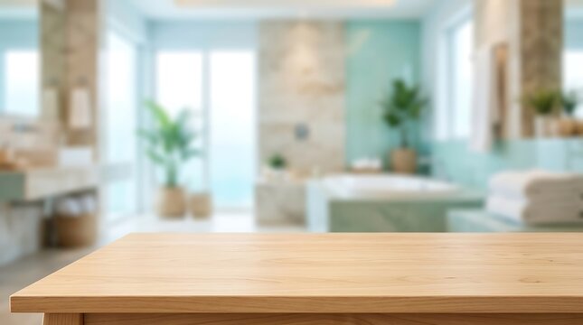 Empty wooden tabletop product display mockup against blurred modern bathroom interior for wellness brand advertising.