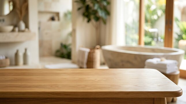 Empty Wooden Tabletop Mockup in Blurred Luxury Spa Bathroom Interior Background for Product Display and Presentation.