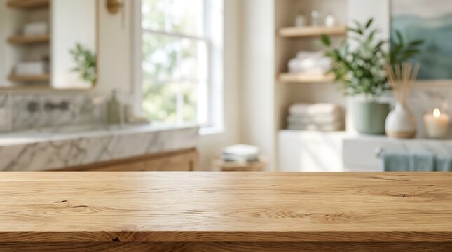 Empty Wooden Table over Blurred Modern Spa Bathroom Background for Product Placement and Cosmetic Mockup Display Scene.