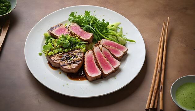 Seared Ahi tuna slices served with bok choy and soy reduction glaze.