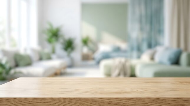 Empty wooden table top on blurred living room background for product mockup display in modern aesthetic home interior.
