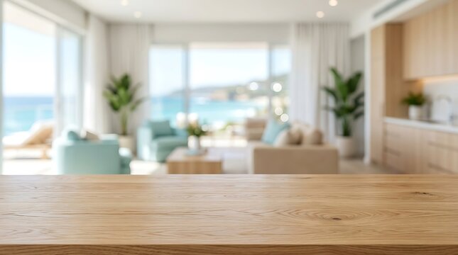 Empty Wooden Table Top Background with Blurred Luxury Modern Living Room and Ocean View for Product Display Montage.