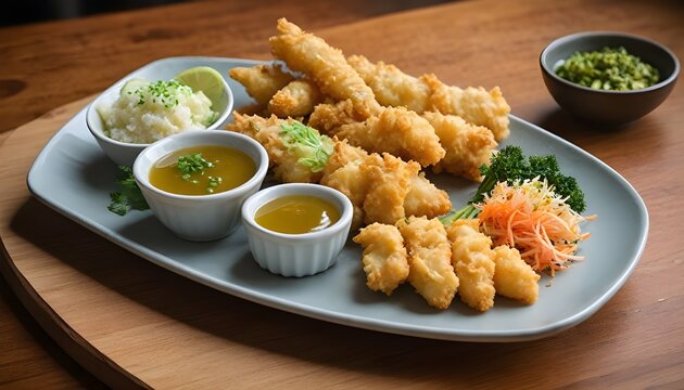 Crispy fried fish goujons platter served with honey mustard dipping sauce.