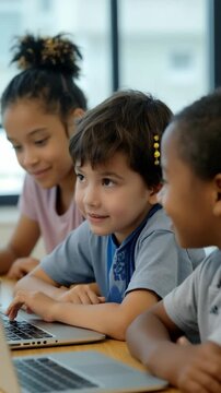Multiethnic students using laptop during computer class.