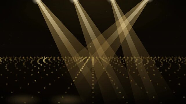 Volumetric Golden Spotlights Sweeping Across an Empty Digital Stage