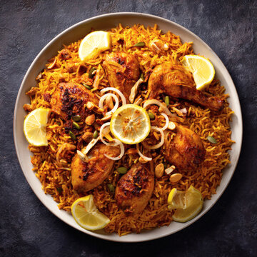 Traditional chicken kabsa rice platter garnished with fresh lemon slices and toasted nuts served on a rustic dark surface for an authentic Middle Eastern dining experience