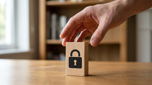 Hand touching block with lock