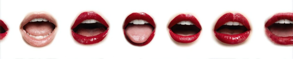 Obraz premium Collage of diverse female mouths with expressive emotions and red lipstick expressions cosmetics isolated background close-up aesthetic expression speaking shouting laughing