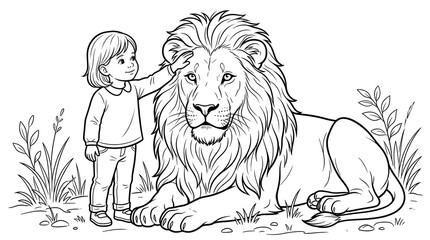 Obraz premium Simple line art drawing of a small kid and a peaceful lion sitting together