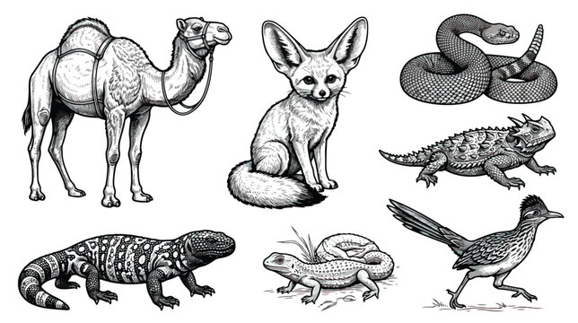 Vintage desert animals illustration set, hand drawn black and white wildlife sketches, 8 desert creature icons including camel fennec fox and rattlesnake