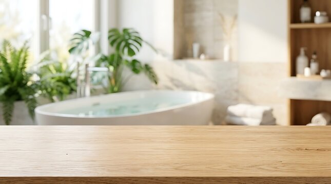 Empty Wooden Table Mockup in Modern Bathroom Interior with Bathtub and Green Plants for Product Display Presentation.