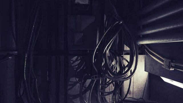 Electrical inspector reviews cables and conduit setup. Utility ducting system with suspended wiring pipes inspected by electrician in confined space