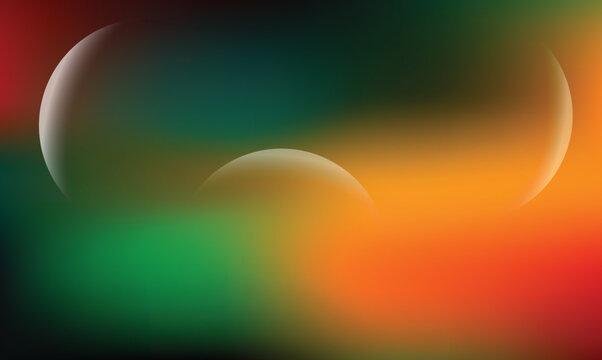 abstract vector background featuring translucent glass-like spheres with rich green, orange, red, and dark gradients blended into a smooth atmospheric composition. created in adobe illustrator, this m