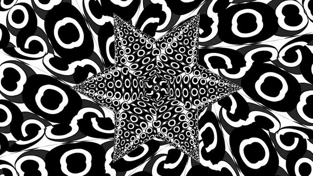 Seamless loopable 2D animation of rotating black and white geometric patterns transforming into hypnotic 3D optical illusion spheres.