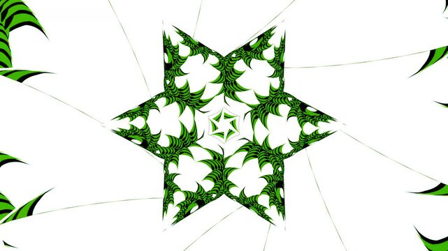 Seamless loopable 2D animation of rotating green and black geometric patterns transforming into hypnotic 3D spheres with sharp organic motifs.