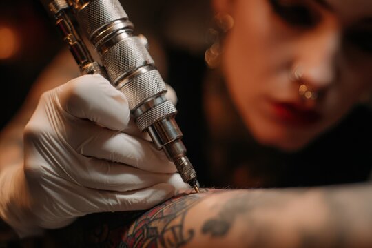 Tattoo artist creating intricate ink design on client skin with professional creative creativity permanent modification precision lifestyle technique customer expression creation tattooist