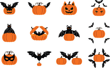 Fototapeta premium Halloween pumpkins and bats collection, various jack-o-lantern