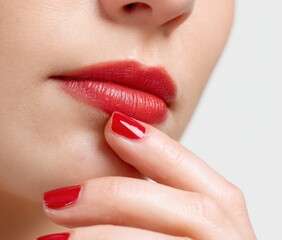 Naklejka premium Close up of woman lips with bright red lipstick and matching polished nails lipstick manicure cosmetic polished touching attractive grooming feminine aesthetic saturated youthful cosmetics