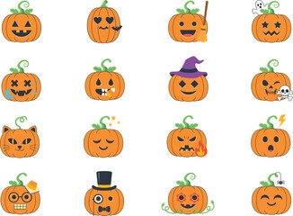 Fototapeta premium Collection of 16 halloween pumpkins with various expressions