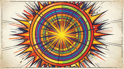 Fototapeta premium Vibrant circular mandala design featuring a radiant sunburst and intricate geometric patterns.