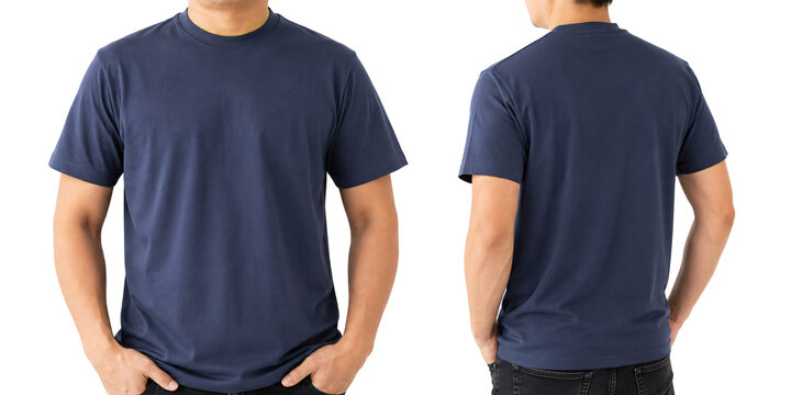 Blank navy blue t-shirt mockup on transparent background, isolated front and back view on male model, dark blue crewneck tee shirt template for clothing apparel design.