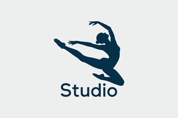 Silhouette of a graceful ballerina jumping in the air, creative dance studio logo design © Foysal