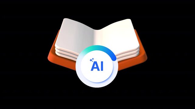 AI Learning Book animated icon featuring an open book and AI symbol. Smooth 5-second motion graphics animation with transparent background, ideal for education, e-learning, and AI technology projects.