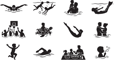 Obraz premium Collection of black silhouette depicting various summer pool activities, swimming, diving, and family leisure time in the water