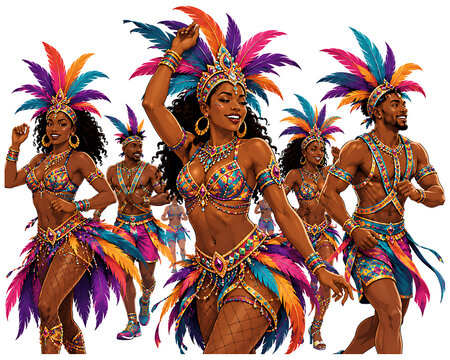 Energetic Brazilian carnival dancers in bright feathered outfits celebrating joyfully.