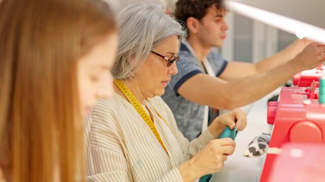 Mature fashion designer teaching a sewing workshop