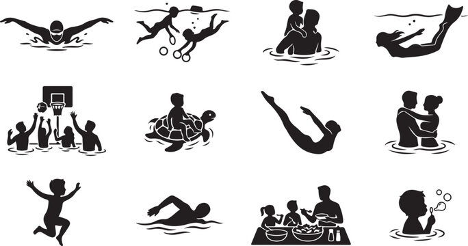 Collection of black silhouette depicting various summer pool activities, swimming, diving, and family leisure time in the water