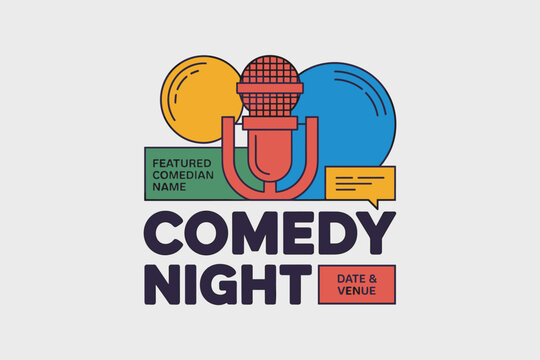 Comedy night event poster template with microphone illustration, flat vector design